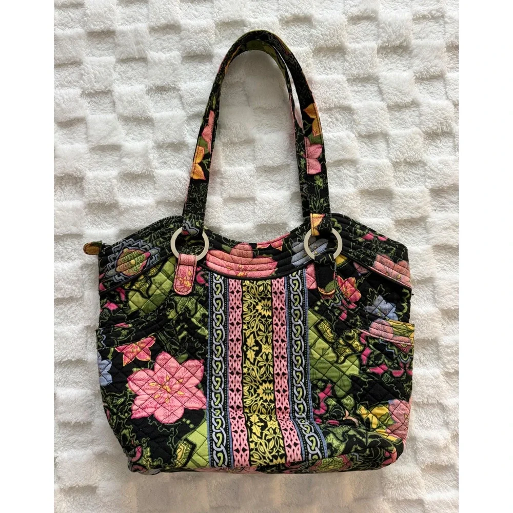 Marie by Giftcraft Quilted Floral Tote Bag Black/Pink/Green Shoulder Bag LG EUC